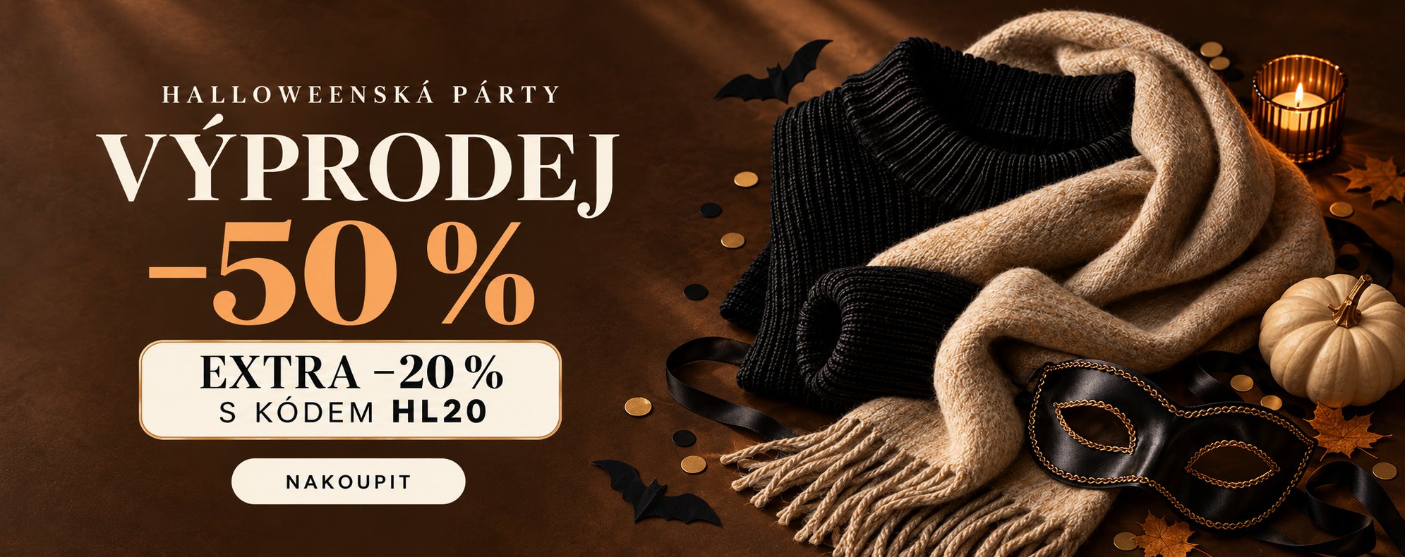 Halloweenská párty. Výprodej −50 %. Extra sleva 20 % s kódem HL20.