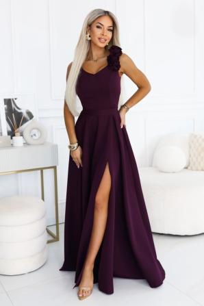 Elegantní společenské maxi šaty s rozparkem a růžemi LUSIL