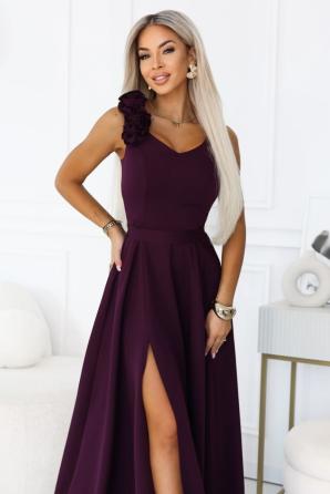 Elegantní společenské maxi šaty s rozparkem a růžemi LUSIL