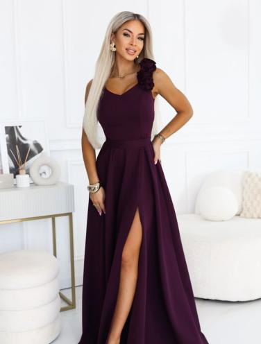 Elegantní společenské maxi šaty s rozparkem a růžemi