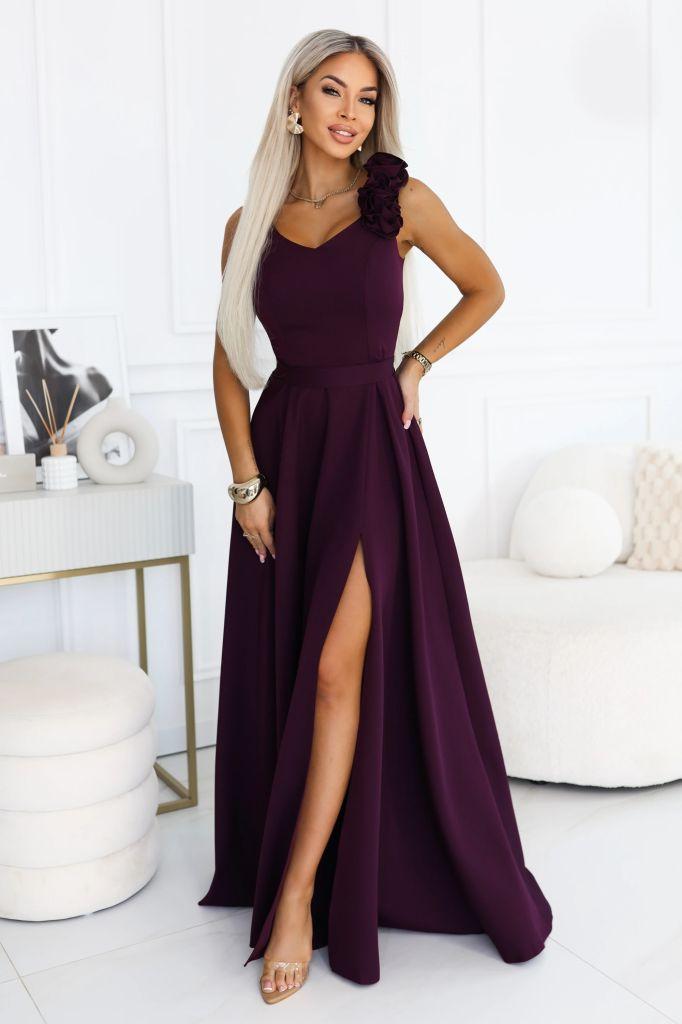 Elegantní společenské maxi šaty s rozparkem a růžemi LUSIL