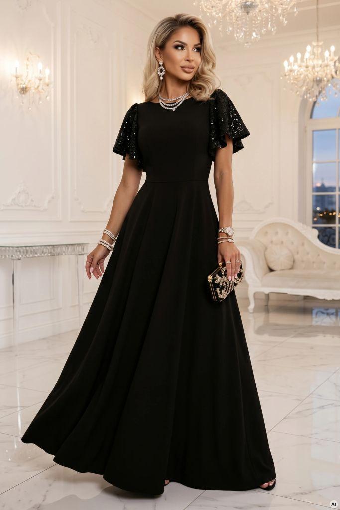 MIRELLA Elegantní rozšířené maxi šaty s flitrovými rukávy