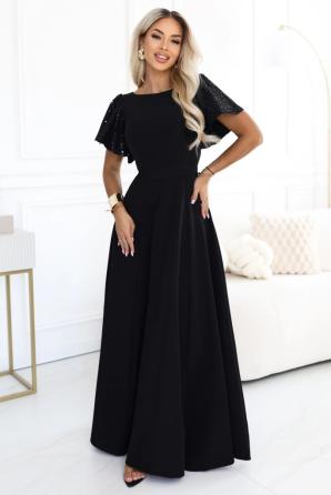 MIRELLA Elegantní rozšířené maxi šaty s flitrovými rukávy