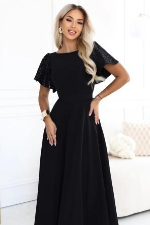 MIRELLA Elegantní rozšířené maxi šaty s flitrovými rukávy