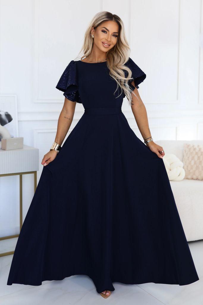 MIRELLA Elegantní rozšířené maxi šaty s flitrovými rukávy