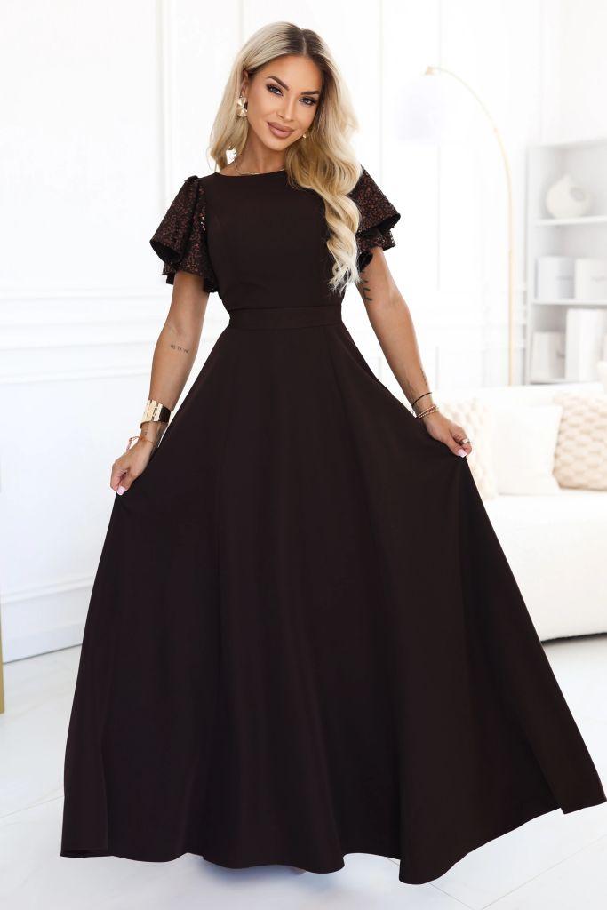 MIRELLA Elegantní rozšířené maxi šaty s flitrovými rukávy
