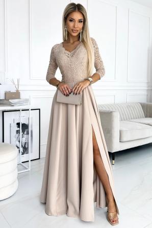 AMBER krajkové, elegantní dlouhé šaty s výstřihem a rozparkem u nohavic