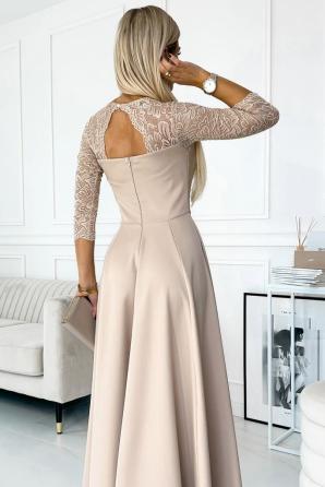 AMBER krajkové, elegantní dlouhé šaty s výstřihem a rozparkem u nohavic