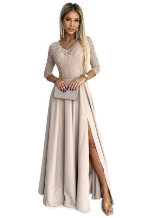AMBER krajkové, elegantní dlouhé šaty s výstřihem a rozparkem u nohavic