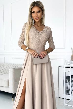 AMBER krajkové, elegantní dlouhé šaty s výstřihem a rozparkem