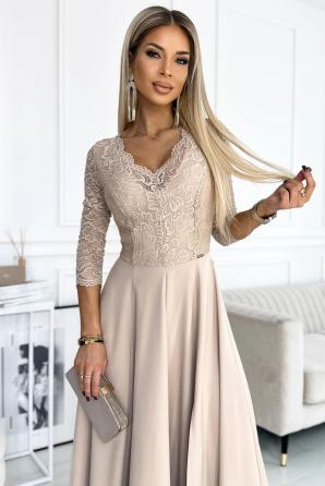 AMBER krajkové, elegantní dlouhé šaty s výstřihem a rozparkem