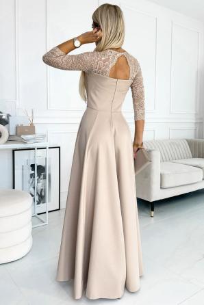 AMBER krajkové, elegantní dlouhé šaty s výstřihem a rozparkem