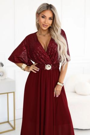 ELVIA Společenské maxi šaty s flitrovým topem a ozdobným páskem