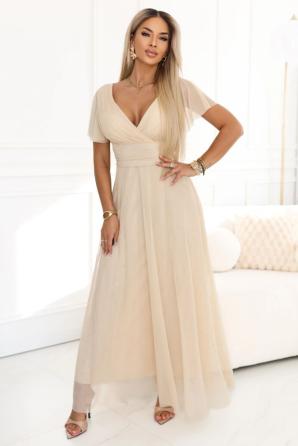 MELANIA Dlouhé lesklé šaty na svatbu s výstřihem a krátkým rukávkem