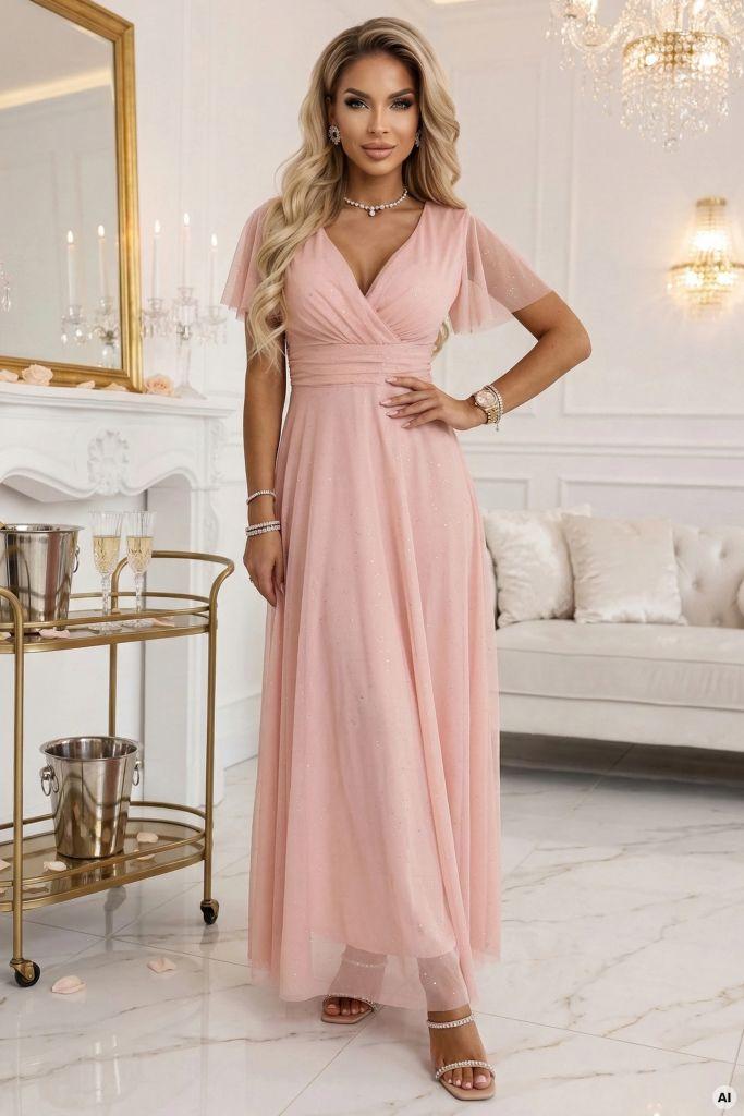 MELANIA Dlouhé lesklé šaty s výstřihem a krátkým rukávem