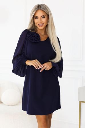 NELIA Šaty trapézového střihu s růží a průsvitnými rukávy