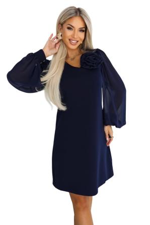 NELIA Šaty trapézového střihu s růží a průsvitnými rukávy